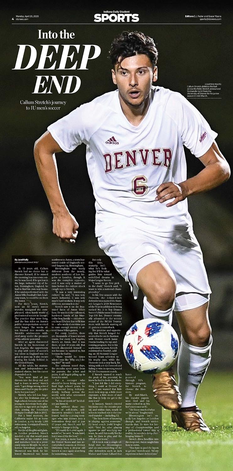 A newspaper page with the headline 'Into the deep end' and a large photo of a man playing soccer