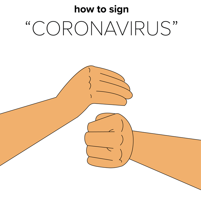 A gif with the words 'how to sign coronavirus' above an animation of how to communicate that phrase in sign language
