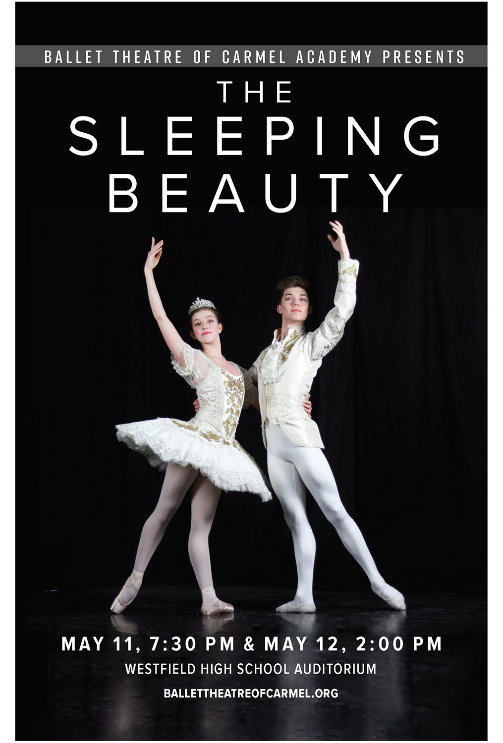 A poster titled 'The Sleeping Beauty' with a photo of two dancers dressed in white