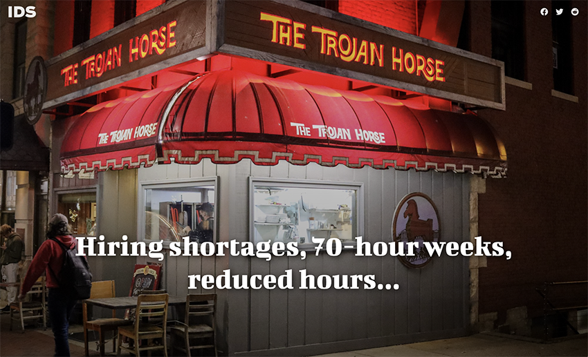 A photo of the Trojan Horse restaurant with the words 'Hiring shortages, 70-hour weeks, reduced hours...'